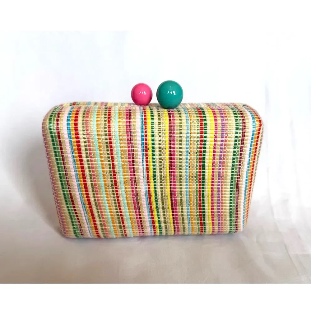 Shiraleah August Minaudiere Crossbody Box Clutch, Teal Pink Spring Stripe Twee - Picture 4 of 7